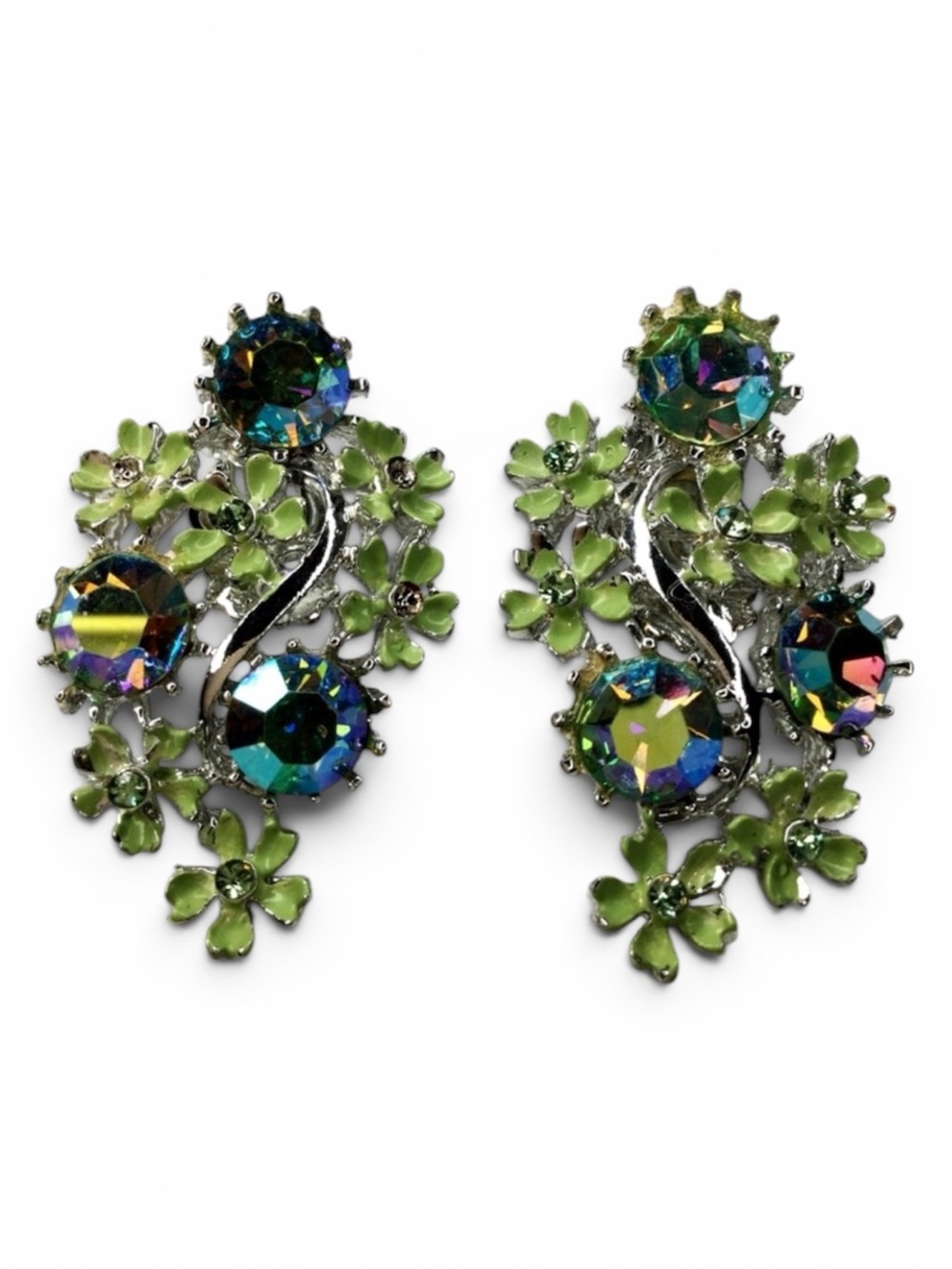 Vtg 1960s Silver‑Tone Paisley Clip‑On Earrings – AB Rhinestones & Enamel Flowers - Picture 3 of 12